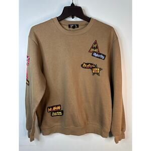 Vinyl Icons olive green band sweatshirt featuring Def Leppard logo patches small